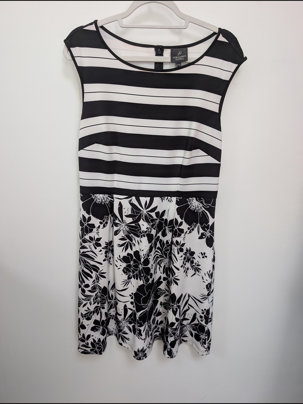 Adrianna Papell Black and White Striped Floral Dress